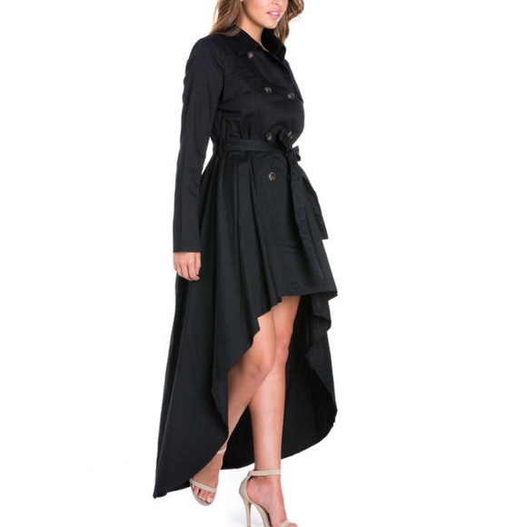 Black Hi Low Peplum Trench Coat - Picture 2 of 8